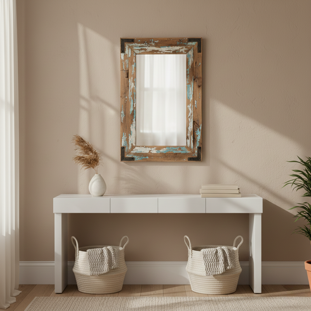 Weathered Wood-Framed Wall Mirror